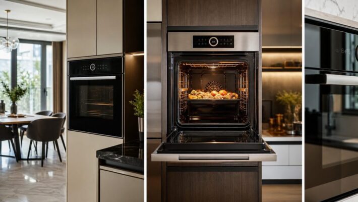 Lò nướng âm tường Bosch kính đen trong căn bếp hiện đại