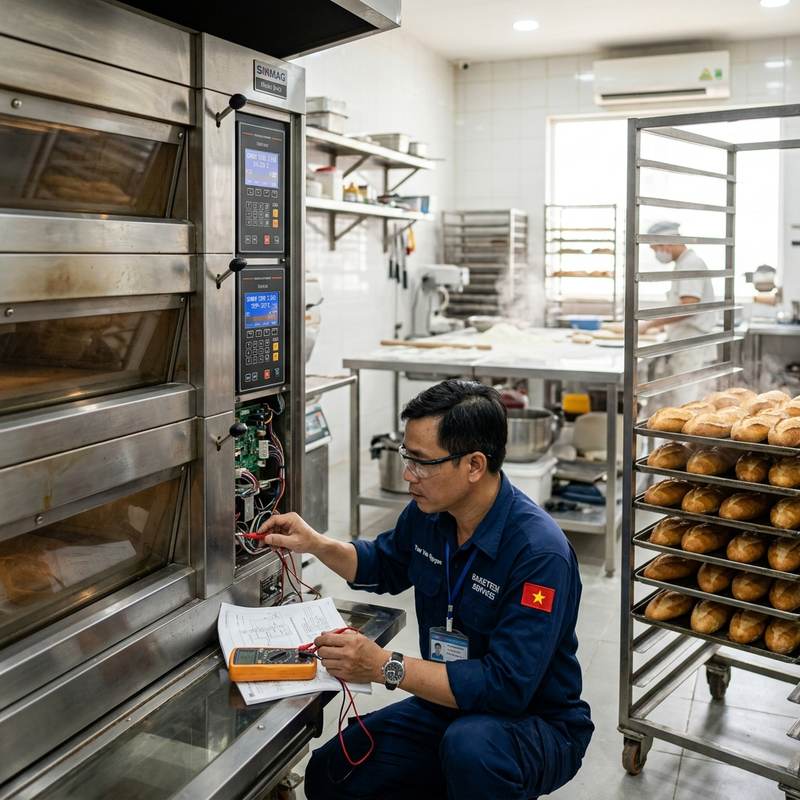 Kỹ thuật viên kiểm tra và sửa chữa lò nướng bánh mì công nghiệp trong tiệm bánh
