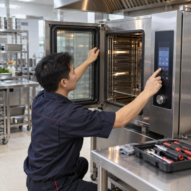 Kỹ thuật viên kiểm tra cửa và bảng điều khiển lò hấp nướng đa năng